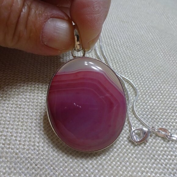 Beautiful PINK BOTSWANA AGATE Handmade Sterling 925 Pendant/Chain #500C - Picture 2 of 3